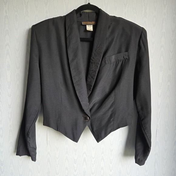 Vintage 90s Womens M Barbara Embroidered Cropped Pointed Hem Blazer Black - Picture 1 of 8